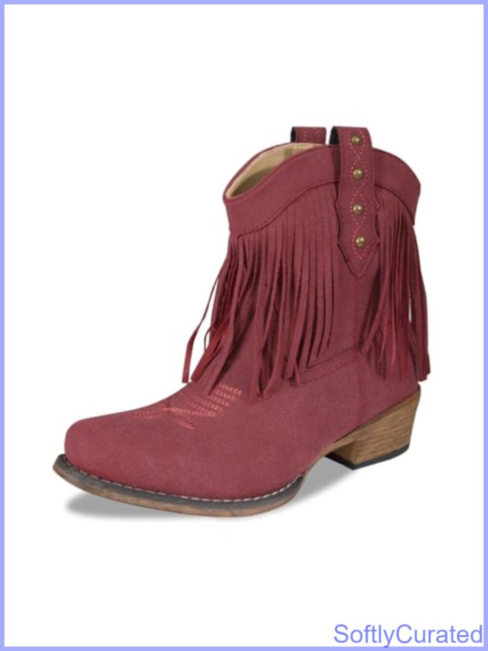 Suede Western Cowboy Ankle Boots Fringe Block Heel Pull-On